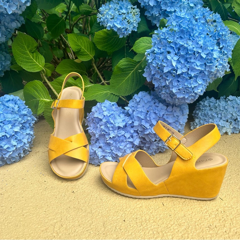 Mustard Strap Wedge Sandal, Patriziz Lyric 7.5, 38 NWOT